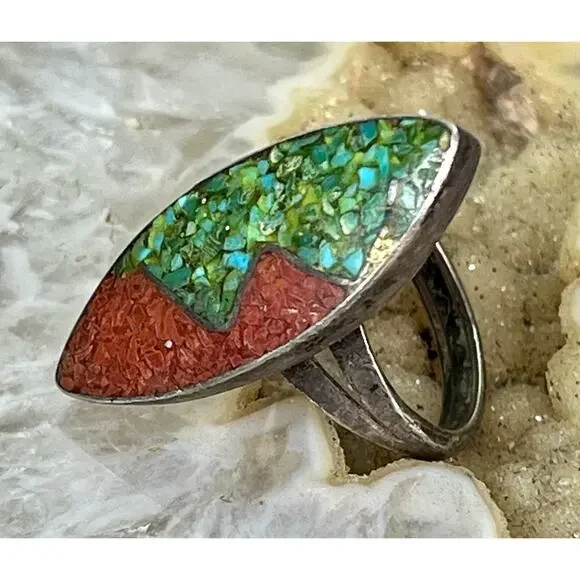 Old Pawn Sterling Silver Southwestern Turquoise Red Coral Inlay Ring Size 7.75